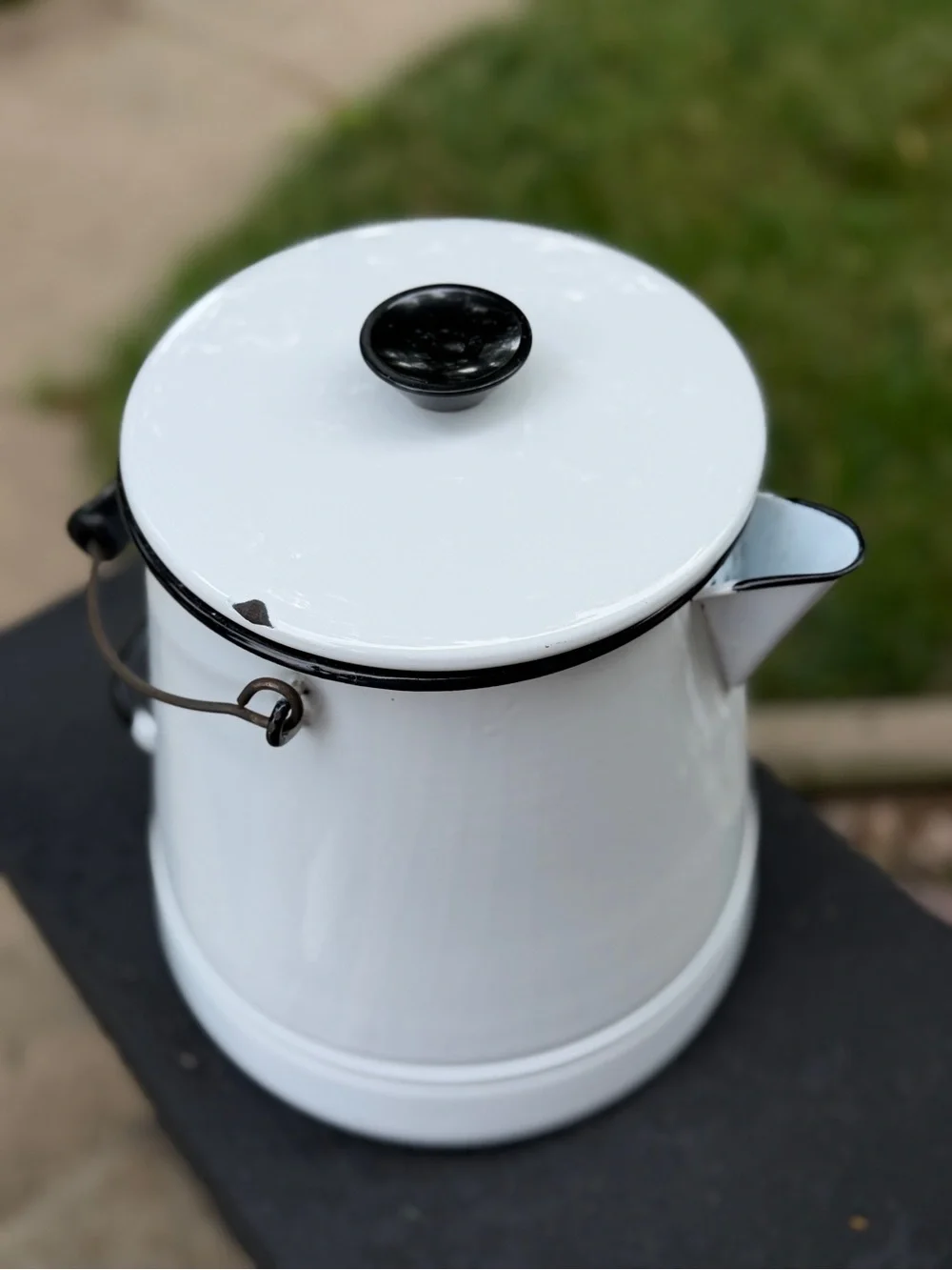 White Enamelware Coffee Pot with Black Trim